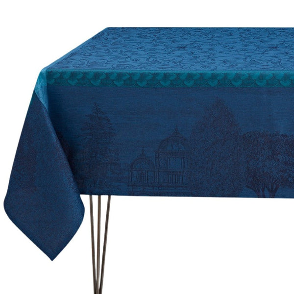 Blue tablecloth with a subtle pattern on a white background