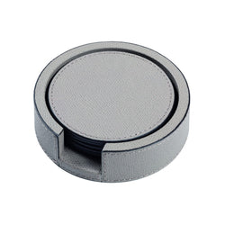 Tao round leather coaster holder with 6 double-faced coasters by Giobagnara, luxury Italian table set
