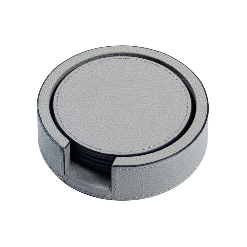 Tao round leather coaster holder with 6 double-faced coasters by Giobagnara, luxury Italian table set