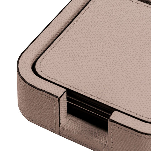 close-up Tao square rounded leather coaster set of 6 with holder by Giobagnara