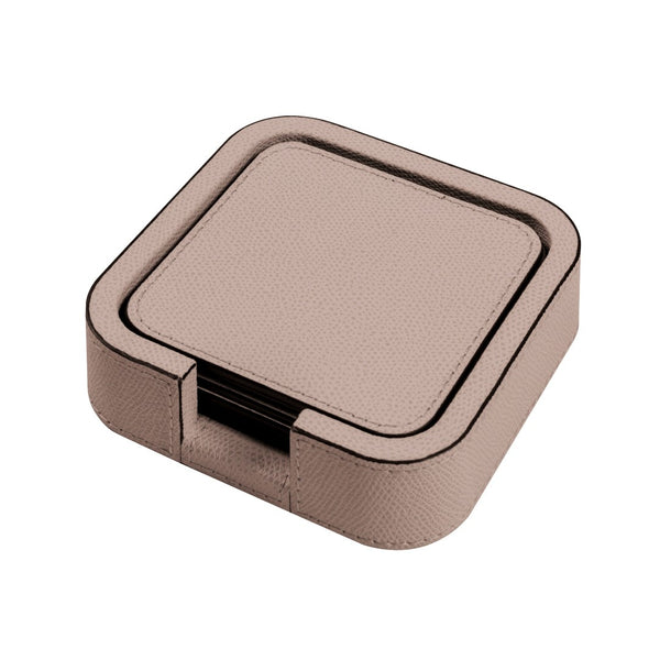Tao square rounded leather coaster set of 6 with holder by Giobagnara, reversible Italian tabletop accessory