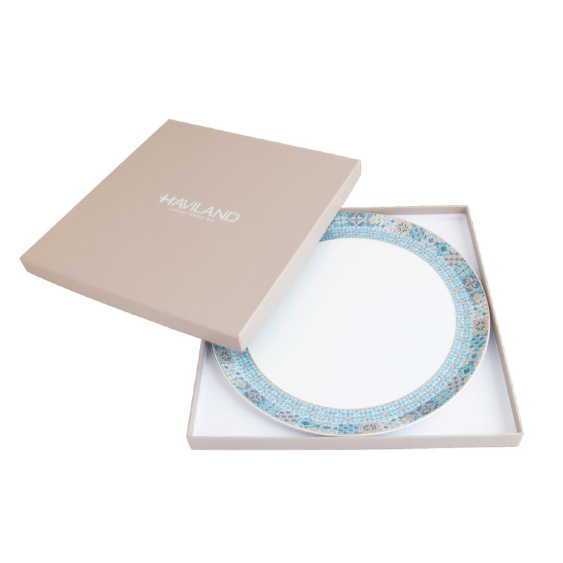 Haviland round tart platter with decorative blue pattern in a box on a white background