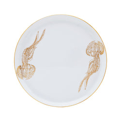 Haviland Océan Bleu Tart Platter in Limoges porcelain with gold jellyfish design on white background.