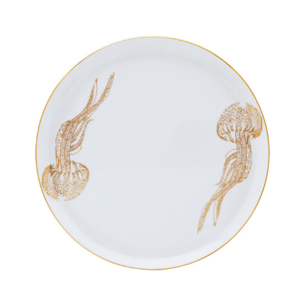 Haviland Océan Bleu Tart Platter in Limoges porcelain with gold jellyfish design on white background.
