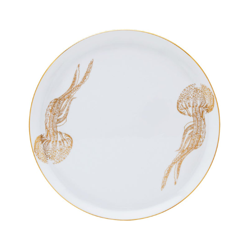 Haviland Océan Bleu Tart Platter in Limoges porcelain with gold jellyfish design on white background.