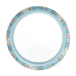 Round mosaic platter from Portofino collection with blue and gold pattern on a white background