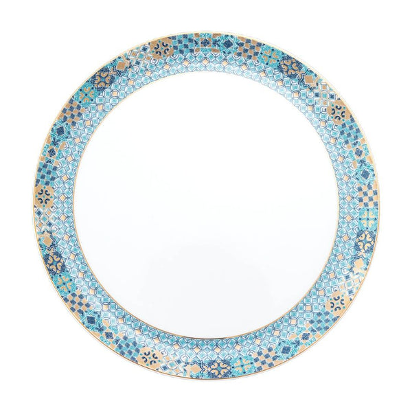 Round mosaic platter from Portofino collection with blue and gold pattern on a white background