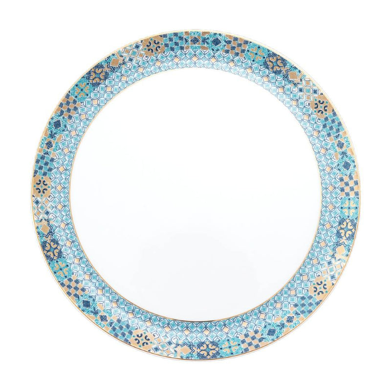 Round mosaic platter from Portofino collection with blue and gold pattern on a white background