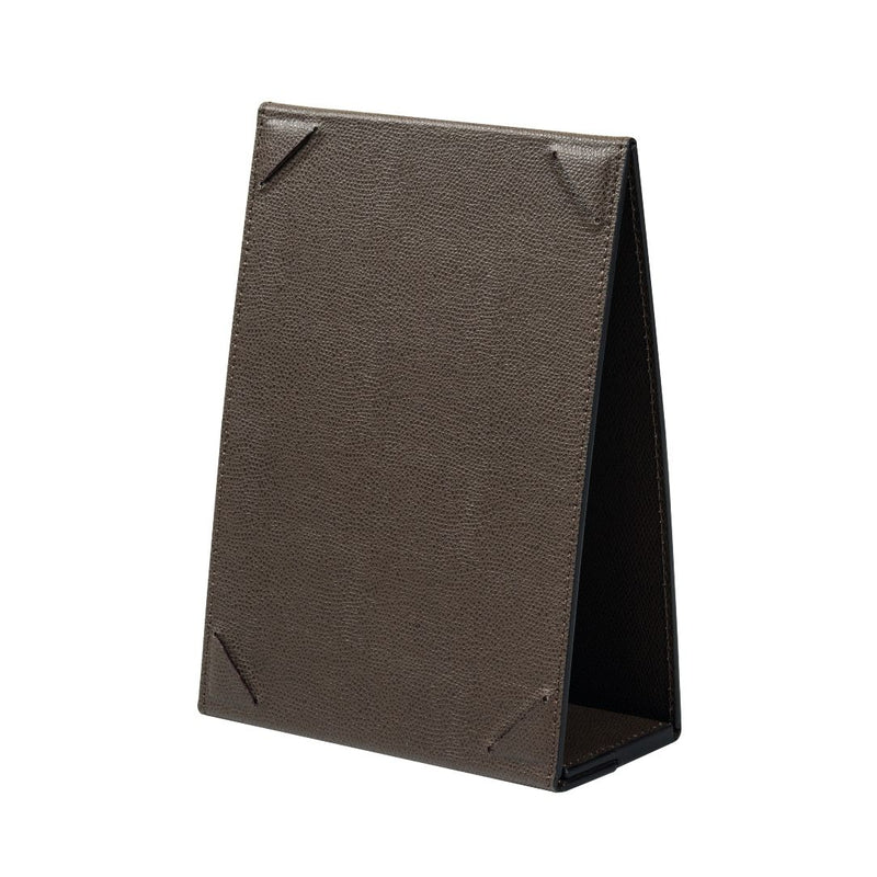 Tavola Nr. 2 Leather Menu Holder A5 by Giobagnara in brown calfskin, double-sided with magnetic closure.