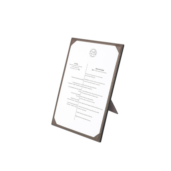 A brown calfskin leather menu holder with a A6 size label, designed for holding menus in a professional setting.