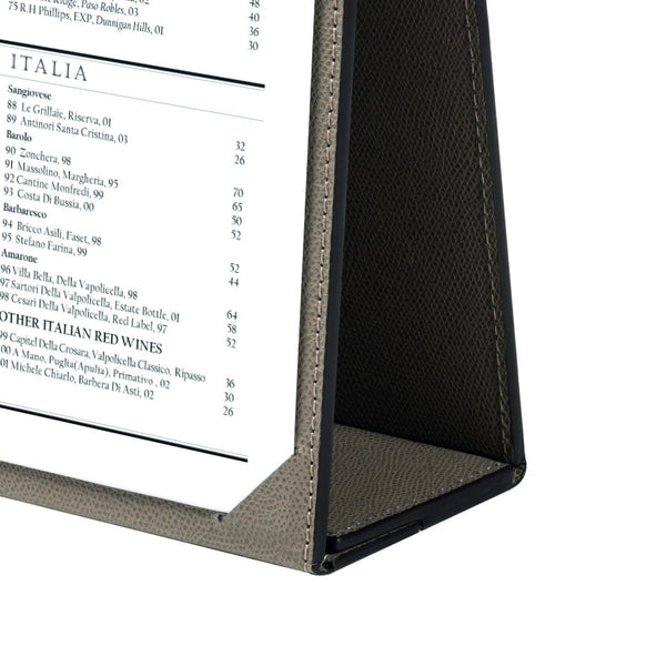 Close-up Tavola No 2 Leather Menu Holder A4 by Giobagnara in brown calfskin, double-sided with magnetic closure.