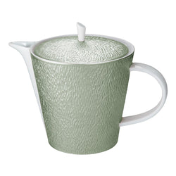 Raynaud Minéral Irisé Céladon porcelain tea and coffee pot with sculptural relief and celadon iridescent glaze