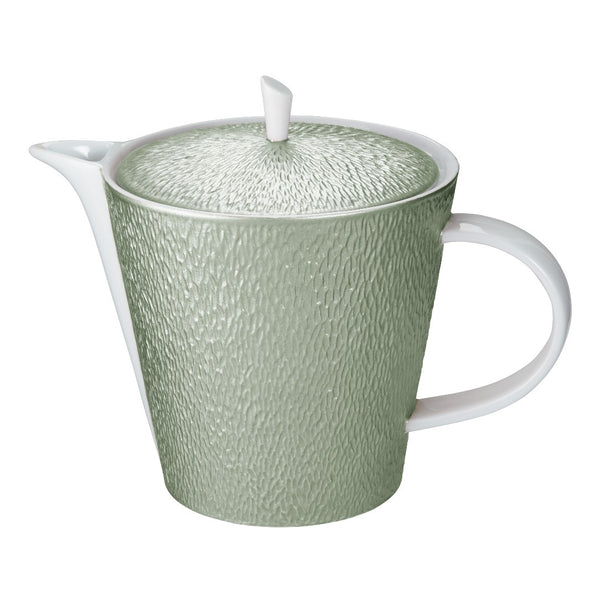 Raynaud Minéral Irisé Céladon porcelain tea and coffee pot with sculptural relief and celadon iridescent glaze