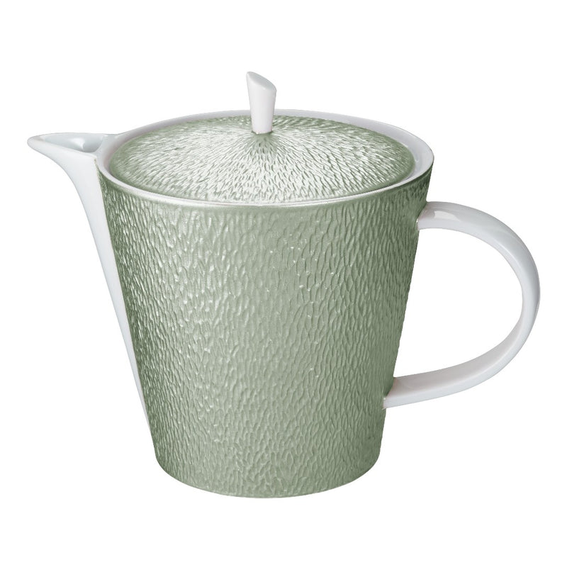 Raynaud Minéral Irisé Céladon porcelain tea and coffee pot with sculptural relief and celadon iridescent glaze
