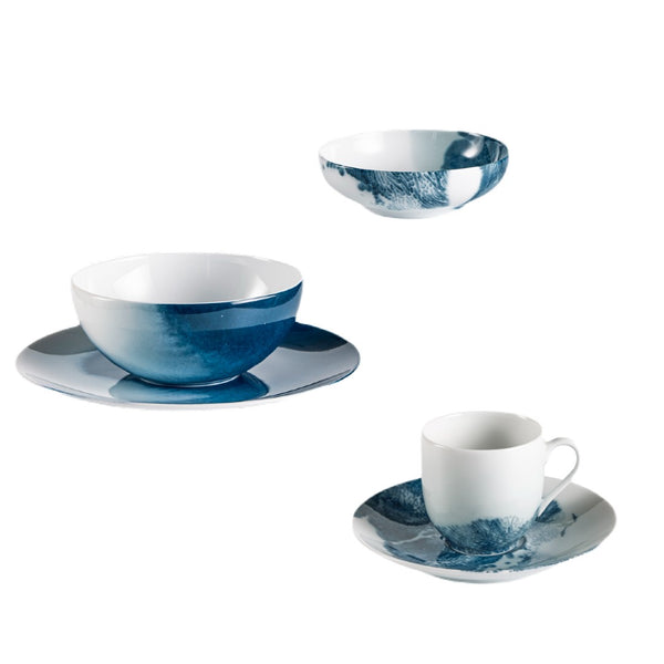 Raynaud Abysses 13-piece tea and coffee set in Limoges porcelain with indigo marine designs