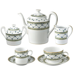 Allée du Roy 15-piece tea and coffee set by Raynaud in Limoges porcelain with trellis, cornflowers, laurel crowns, and gold accents.
