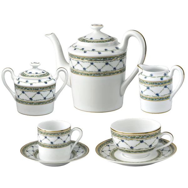 Allée du Roy 15-piece tea and coffee set by Raynaud in Limoges porcelain with trellis, cornflowers, laurel crowns, and gold accents.