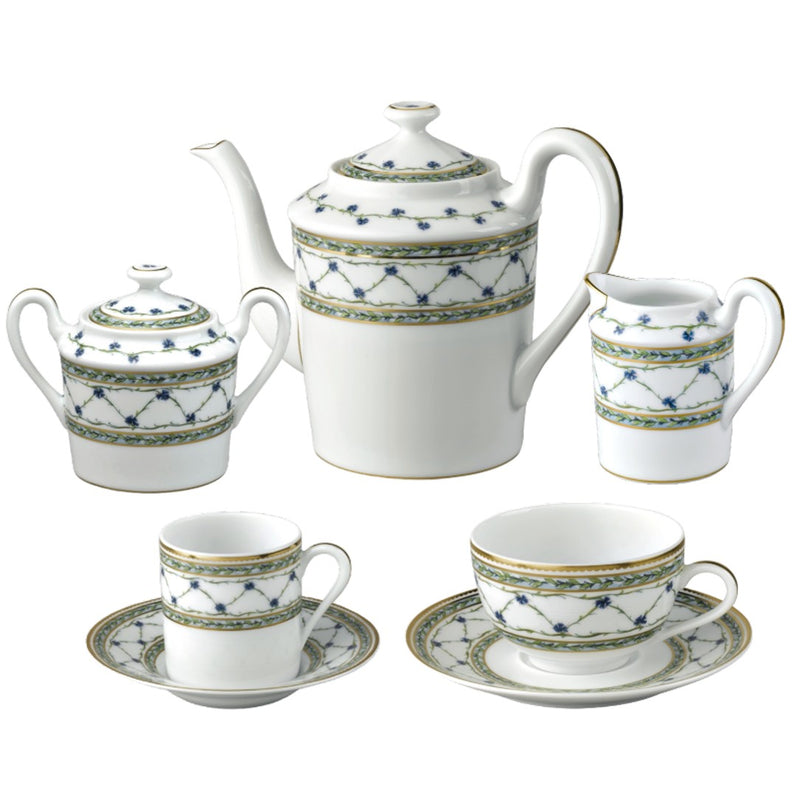 Allée du Roy 15-piece tea and coffee set by Raynaud in Limoges porcelain with trellis, cornflowers, laurel crowns, and gold accents.