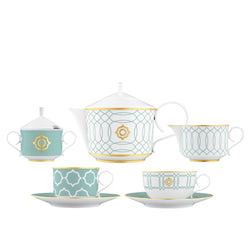 Tea/Coffee Set of 15 Pieces Carlo Este by FÜRSTENBERG in fine porcelain with gold and green mosaic-inspired design by Carlo Dal Bianco.