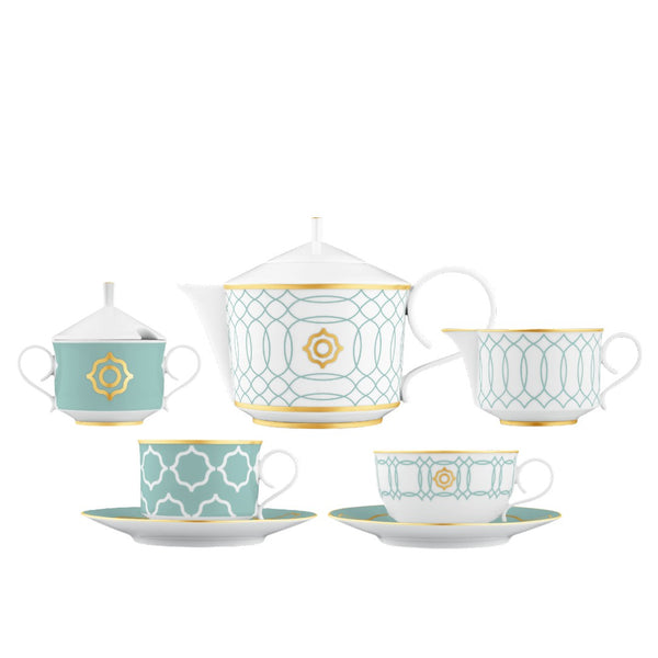 Tea/Coffee Set of 15 Pieces Carlo Este by FÜRSTENBERG in fine porcelain with gold and green mosaic-inspired design by Carlo Dal Bianco.