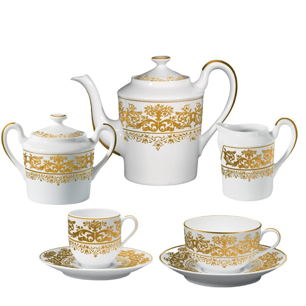 A 15-piece tea/coffee set featuring white and gold colors, with gold floral patterns on the cups and saucers, and a matching gold and white porcelain pot.