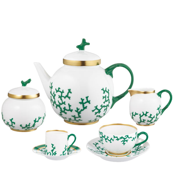 Raynaud Cristobal Emerald 15-piece tea and coffee set in Limoges porcelain with emerald green coral motifs.