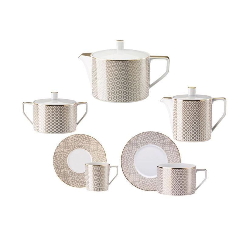 Francis Carreau Beige tea and coffee set of 15 pieces in porcelain with beige and gold check pattern by Rosenthal