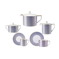 Francis Carreau Blue tea and coffee set of 15 pieces in porcelain with royal blue and gold check pattern by Rosenthal