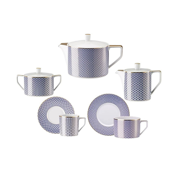 Francis Carreau Blue tea and coffee set of 15 pieces in porcelain with royal blue and gold check pattern by Rosenthal