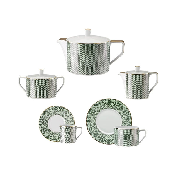 Francis Carreau Green 15-piece porcelain tea and coffee set with green and gold check design by Rosenthal