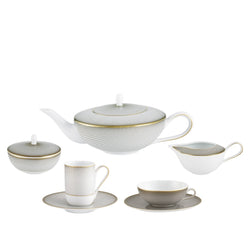 Tea/coffee set of 15 pieces in Limoges porcelain with black and gold Bauhaus-inspired motifs from the Oskar collection by Raynaud.