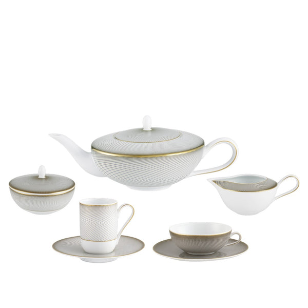 Tea/coffee set of 15 pieces in Limoges porcelain with black and gold Bauhaus-inspired motifs from the Oskar collection by Raynaud.