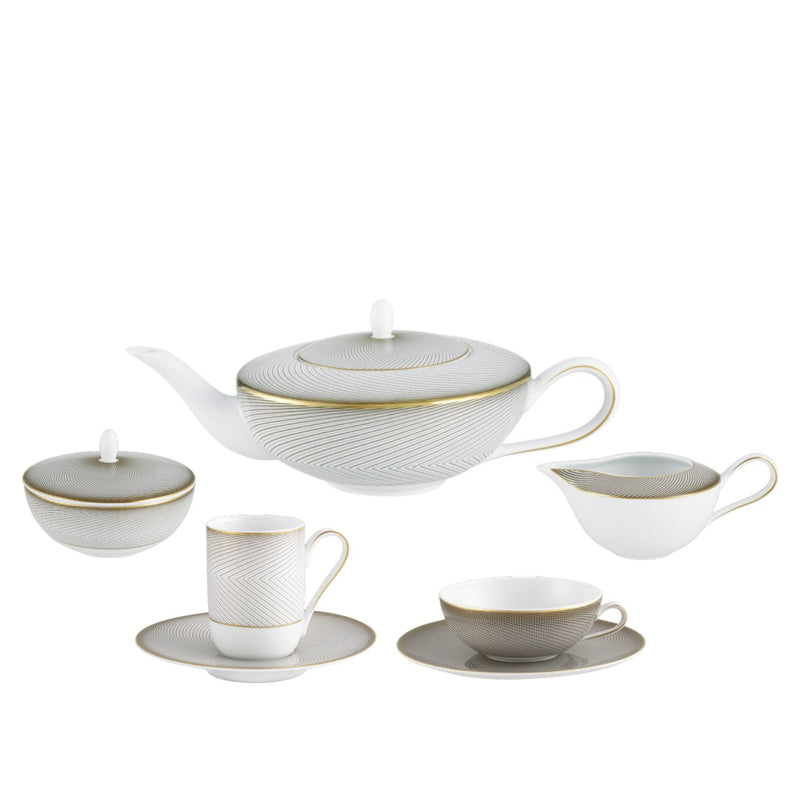 Tea/coffee set of 15 pieces in Limoges porcelain with black and gold Bauhaus-inspired motifs from the Oskar collection by Raynaud.