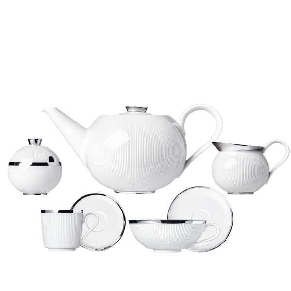 Stella Platinum 15-piece porcelain tea and coffee set by SIEGER by FÜRSTENBERG, handcrafted in Germany with refined platinum detailing.