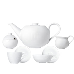 Stella Satin White 15-piece velvety matte porcelain tea and coffee set by SIEGER by FÜRSTENBERG, handcrafted in Germany for luxury entertaining.