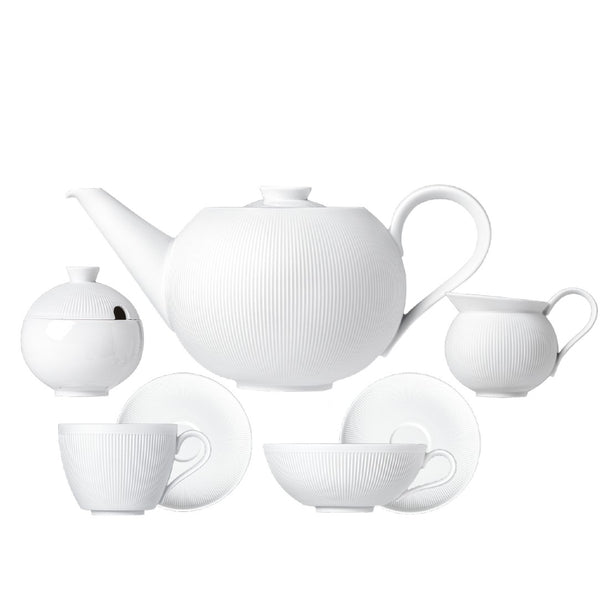 Stella Satin White 15-piece velvety matte porcelain tea and coffee set by SIEGER by FÜRSTENBERG, handcrafted in Germany for luxury entertaining.