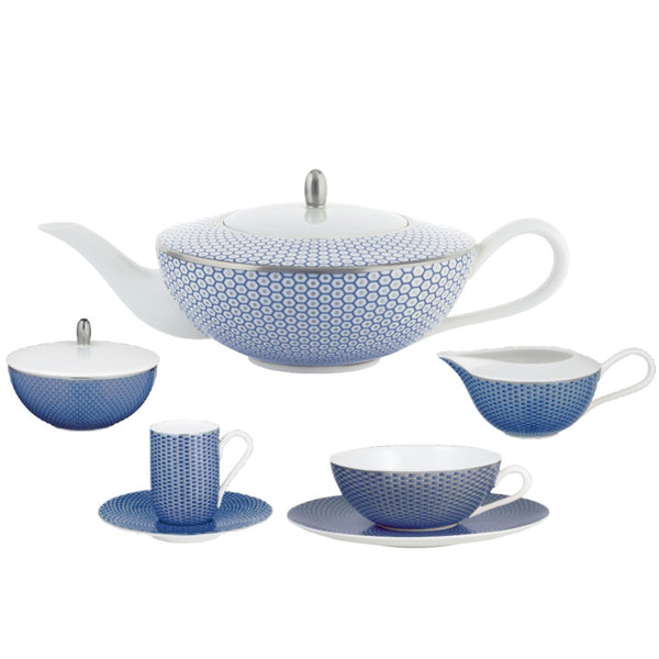Raynaud Trésor Bleu Limoges porcelain 15-piece tea and coffee set in cobalt blue and platinum with sari-inspired braid and honeycomb motifs