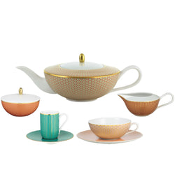 Raynaud Trésor Limoges porcelain 15-piece tea and coffee set with sari-inspired honeycomb motif in turquoise, orange, chestnut, and gold accents