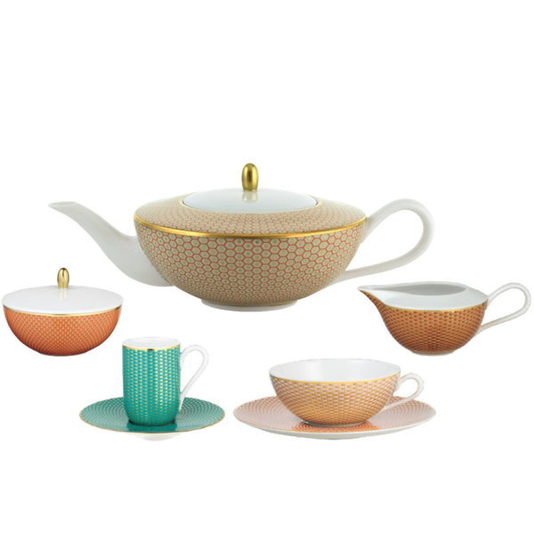 Raynaud Trésor Limoges porcelain 15-piece tea and coffee set with sari-inspired honeycomb motif in turquoise, orange, chestnut, and gold accents