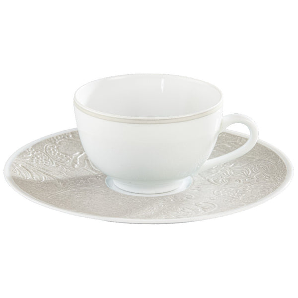 Italian Renaissance Irisé Pearl Grey tea cup & saucer 20cl by Raynaud in Limoges porcelain with engraved arabesques and pearl grey iridescence.