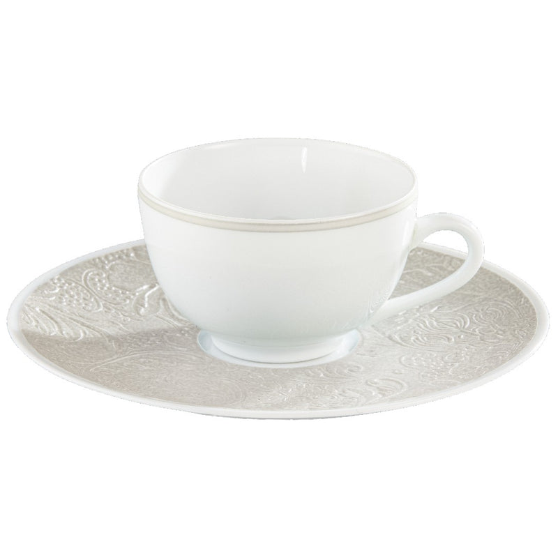 Italian Renaissance Irisé Pearl Grey tea cup & saucer 20cl by Raynaud in Limoges porcelain with engraved arabesques and pearl grey iridescence.