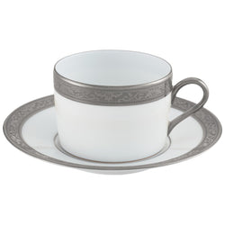 Raynaud Ambassador Platine porcelain tea cup and saucer with platinum Renaissance-style rim