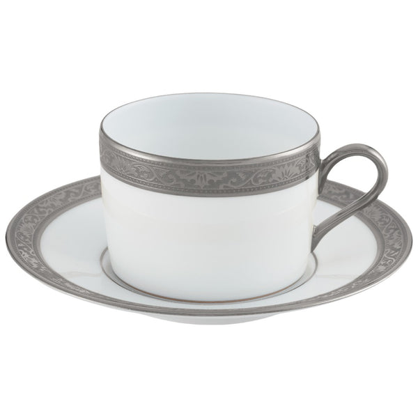 Raynaud Ambassador Platine porcelain tea cup and saucer with platinum Renaissance-style rim