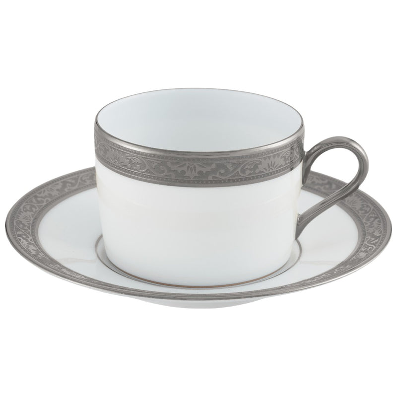 Raynaud Ambassador Platine porcelain tea cup and saucer with platinum Renaissance-style rim