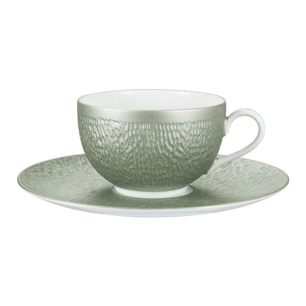 Raynaud Minéral Irisé Céladon porcelain tea cup and saucer with iridescent celadon glaze and sculptural relief

