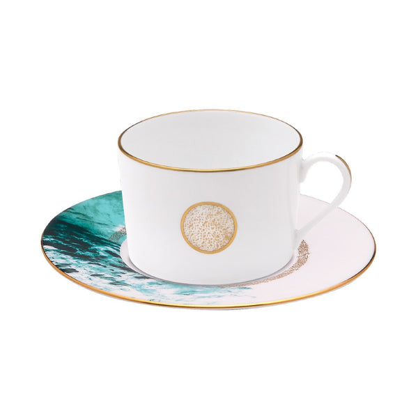 Haviland Océan Bleu Tea Cup and Saucer in Limoges porcelain with ocean blue and gold detailing.