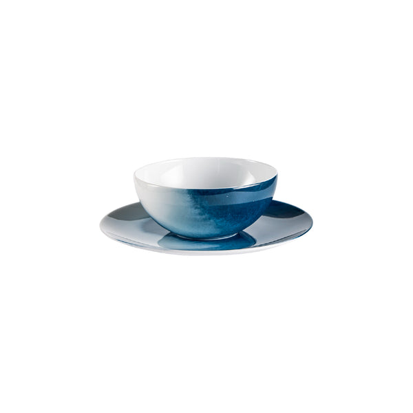 Raynaud Abysses porcelain tea cup and saucer without handle in indigo design