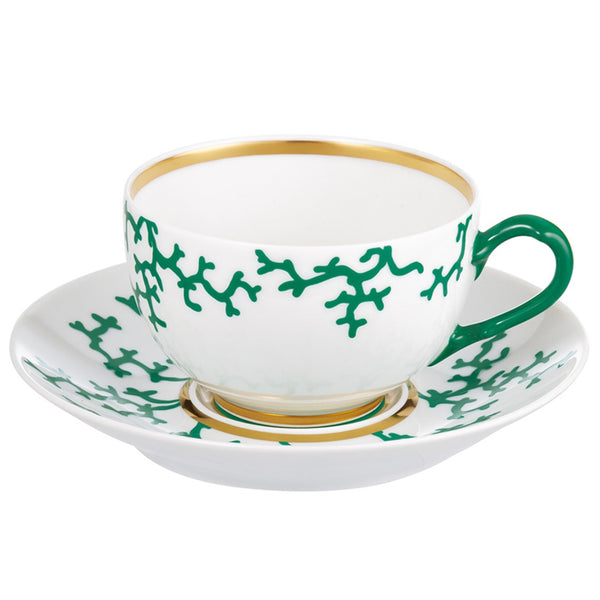 Cristobal Emerald tea cup and saucer by Raynaud in Limoges porcelain with emerald coral design and gold details.
