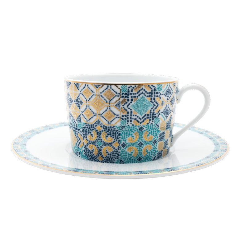 Tea Cup & Saucer Portofino by Haviland in Limoges porcelain with Mediterranean blue and gold mosaic design.