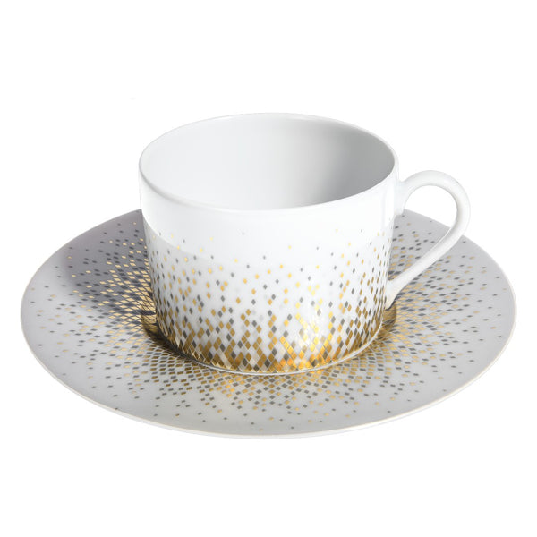Souffle d’Or tea cup and saucer by Haviland—Limoges porcelain with celestial grey, silver, and matte gold design.